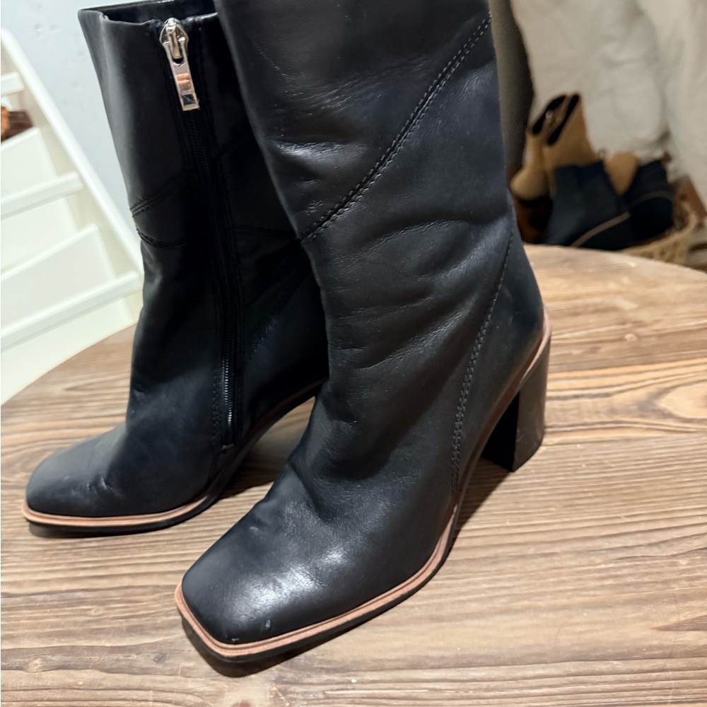 Franco Sarto Black Leather Mid-Calf Block Heel Boots with Contrast Trim